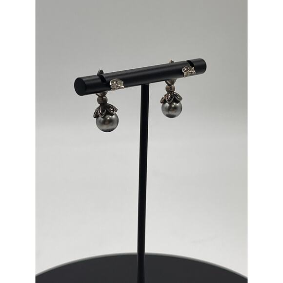 FAS Sterling Silver 925 Marcesite Gray Pearl Drop Dangle Earrings 3.6 grams - Picture 6 of 9